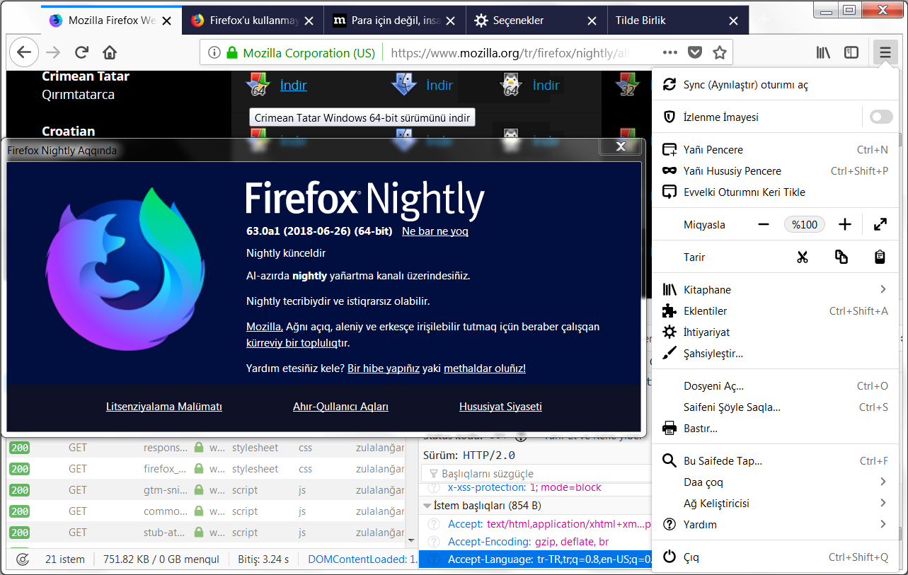 Gecelik kanaldan Mozilla tarafından yapılğan resmiy QIRIMTATARCA Firefox çıqarılışı ekran körüntisi.